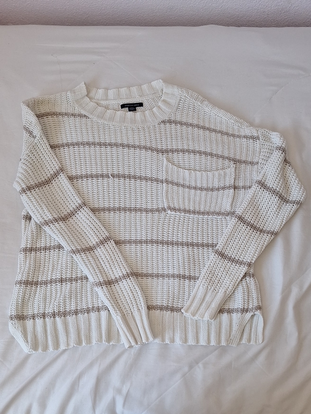 American Eagle Outfitters Cream and Beige Striped Crewneck Sweater
